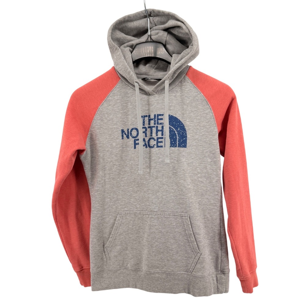 The North‎ Face Hoodie Womens Small Pre-Owned Pullover Grey Peach Raglan Logo